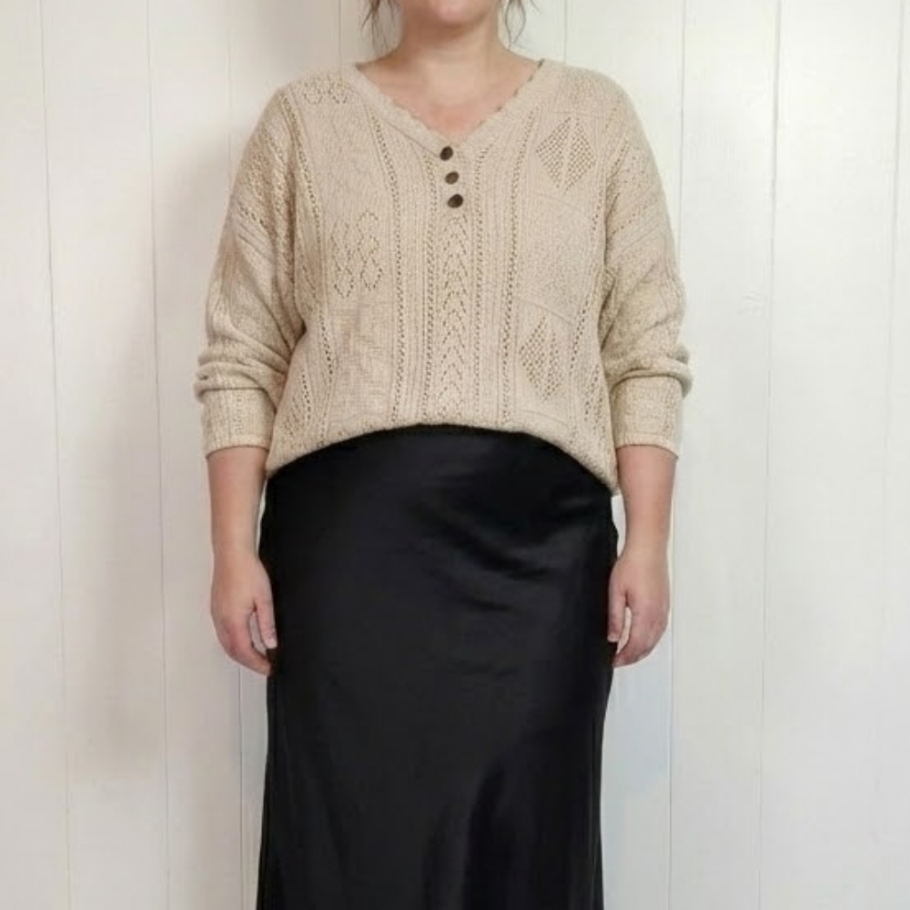 Vintage 90s Beige Pointelle Knit Top Light Sweater Long Sleeve 1990s Size Large